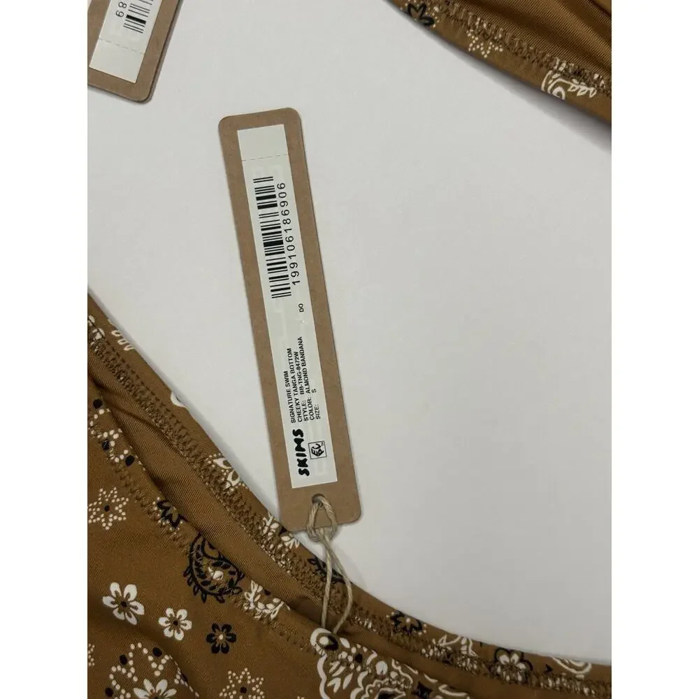 SKIMS Signature Plunge Top and Tanga Bottom Bikini Set Almond Bandana Sz S NWT